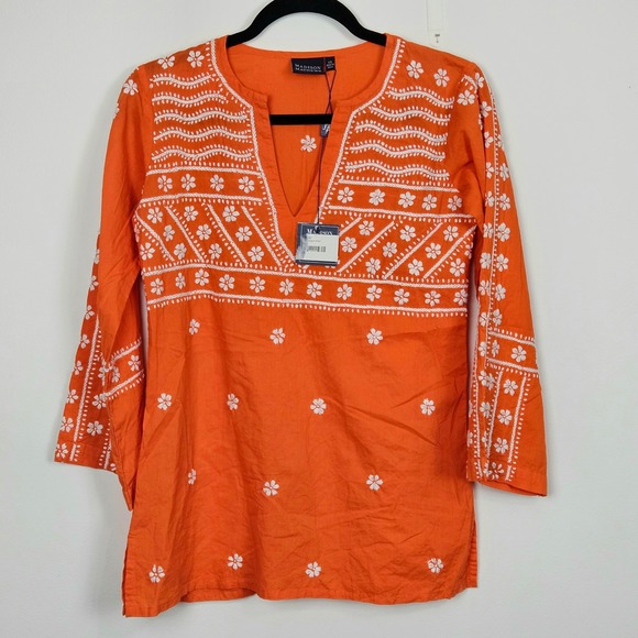 Madison Mathews Tops - Madison Mathews Tunic Top Sz XS Orange White Floral Embroidered Cotton New
